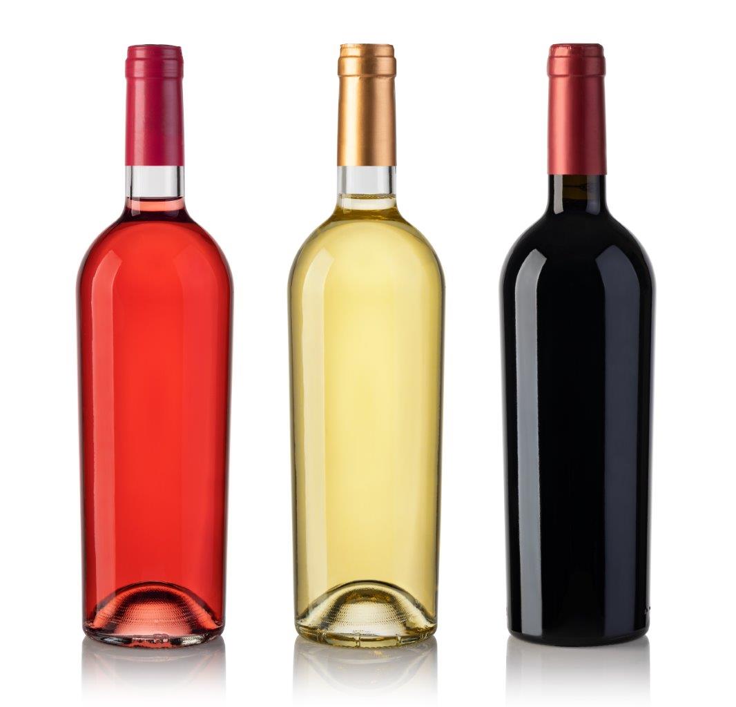 Bouteilles de vins blanc, rouge et rosé