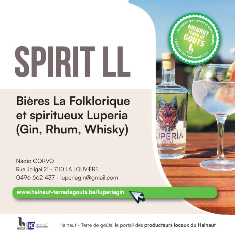 Affiche Spirit LL (La Louvière) : bières La Folklorique et spiritueux Luperia (gin, rhum, whisky) – Hainaut Terre de Goûts