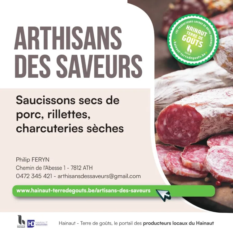 Affiche ArTHisans des Saveurs (Ath) : saucissons secs de porc, rillettes et charcuteries sèches – Hainaut Terre de Goûts