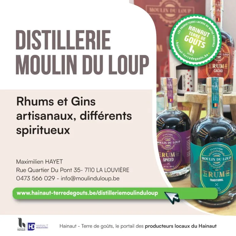 Affiche Distillerie Moulin du Loup (La Louvière) : rhums et gins artisanaux – Hainaut Terre de Goûts